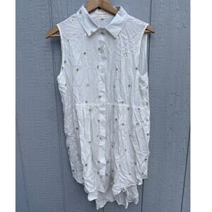 SOLITAIRE boho cream ivory gold metallic bee print inspo sleeveless tunic top